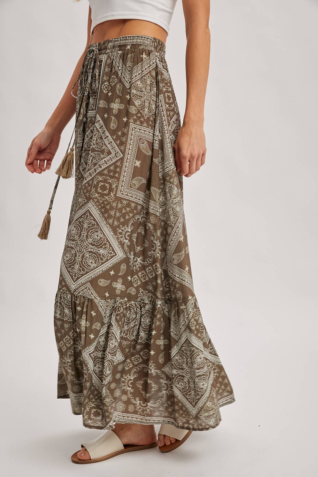 Boho Print Tiered Maxi Skirt in Mocha (REG)