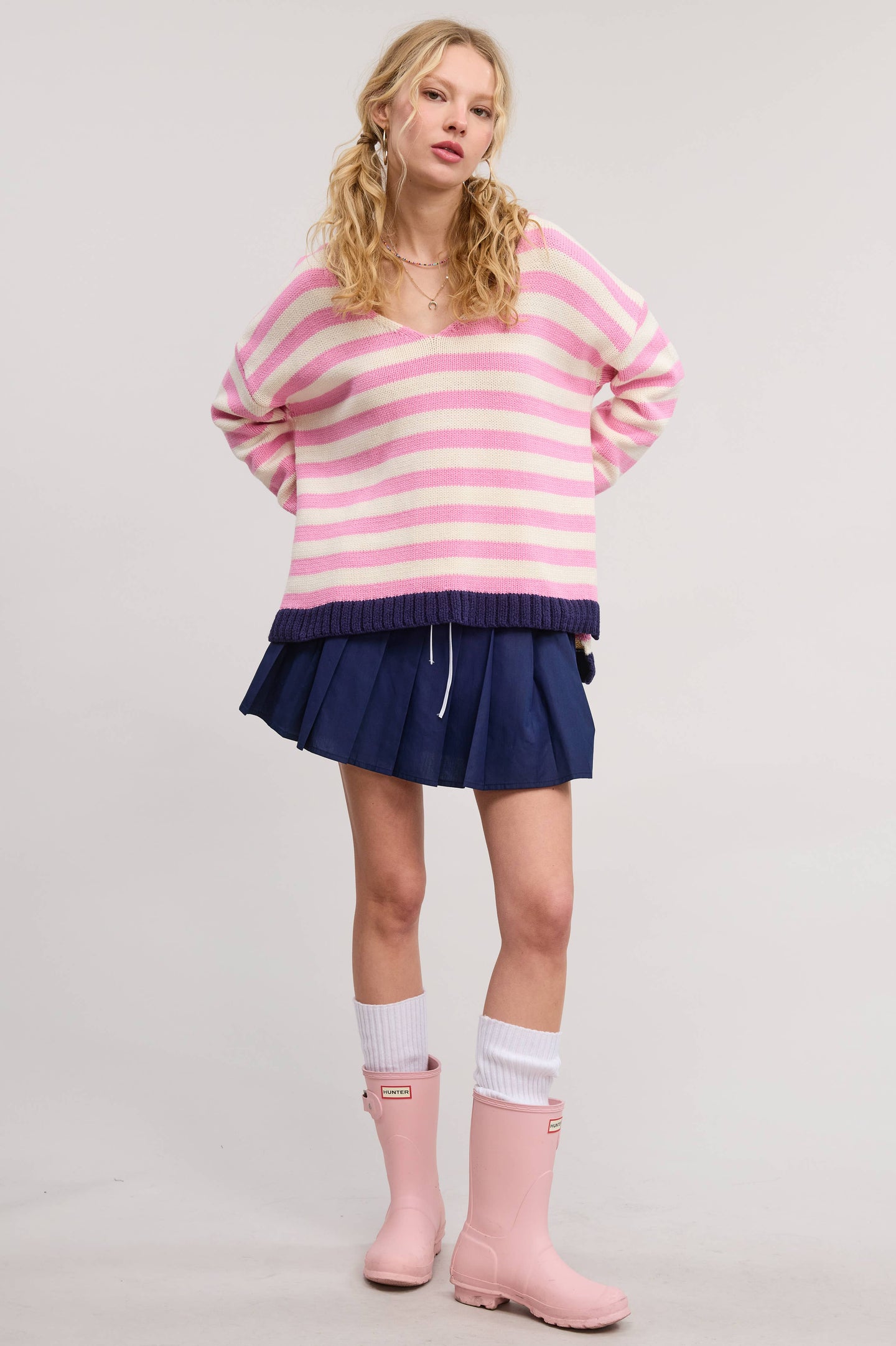 Mimosa Striped V-Neck Sweater in Pink (REG)