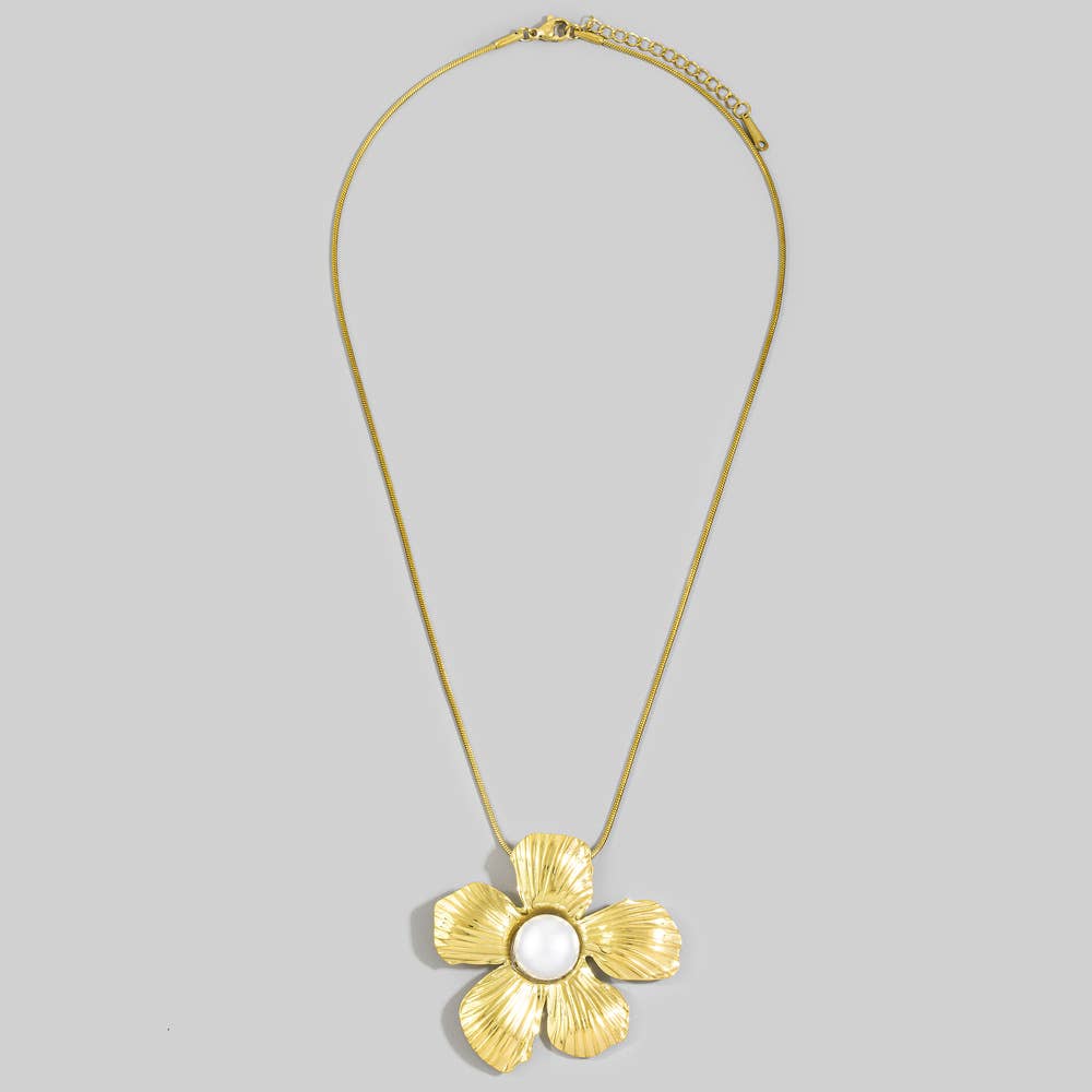 Stainless Steel Textured Flower Necklace w/ Pearl