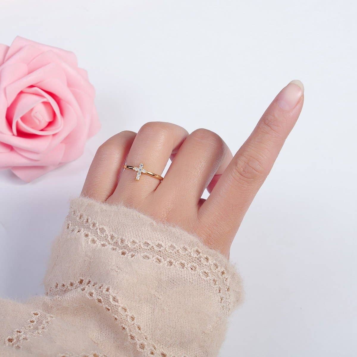 14K Filled CZ Dainty Cross Ring