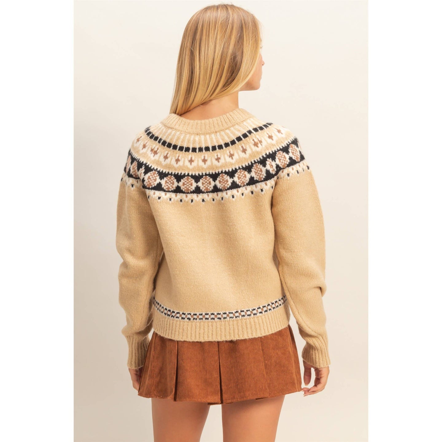 Fair Isle Sweater Cardigan in Beige (REG)