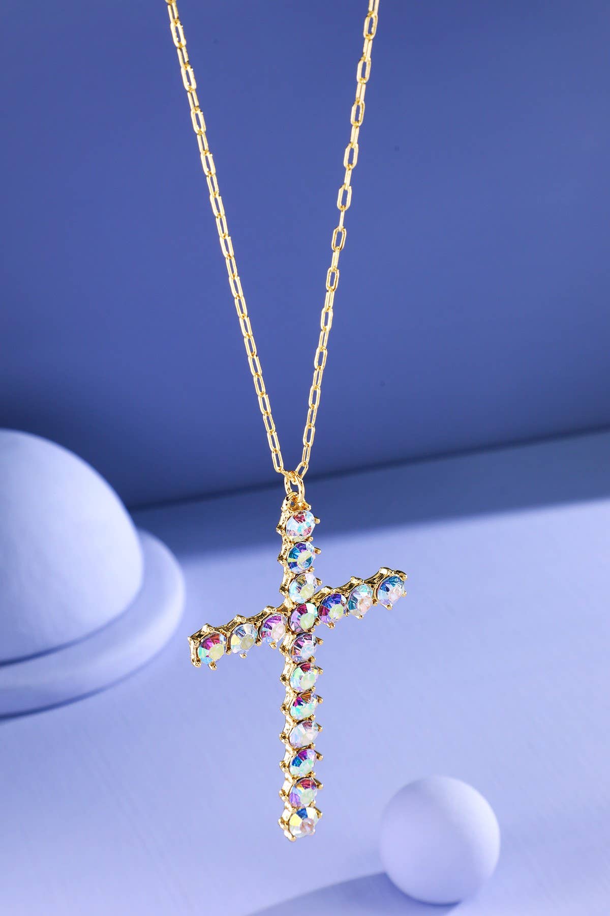 Long Abalone Crystal Cross Necklace
