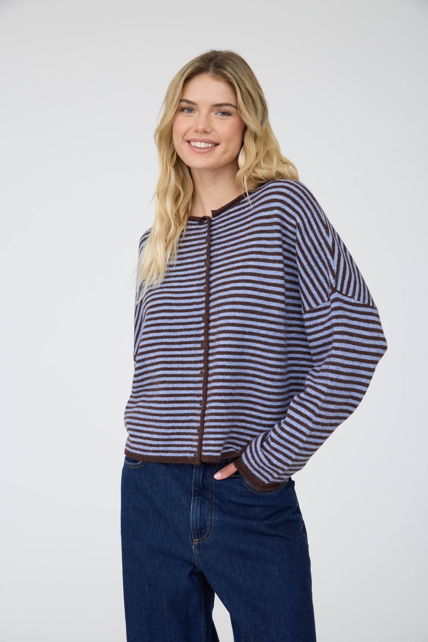 Striped Raw Edge Cardigan in Dark Brown (REG)