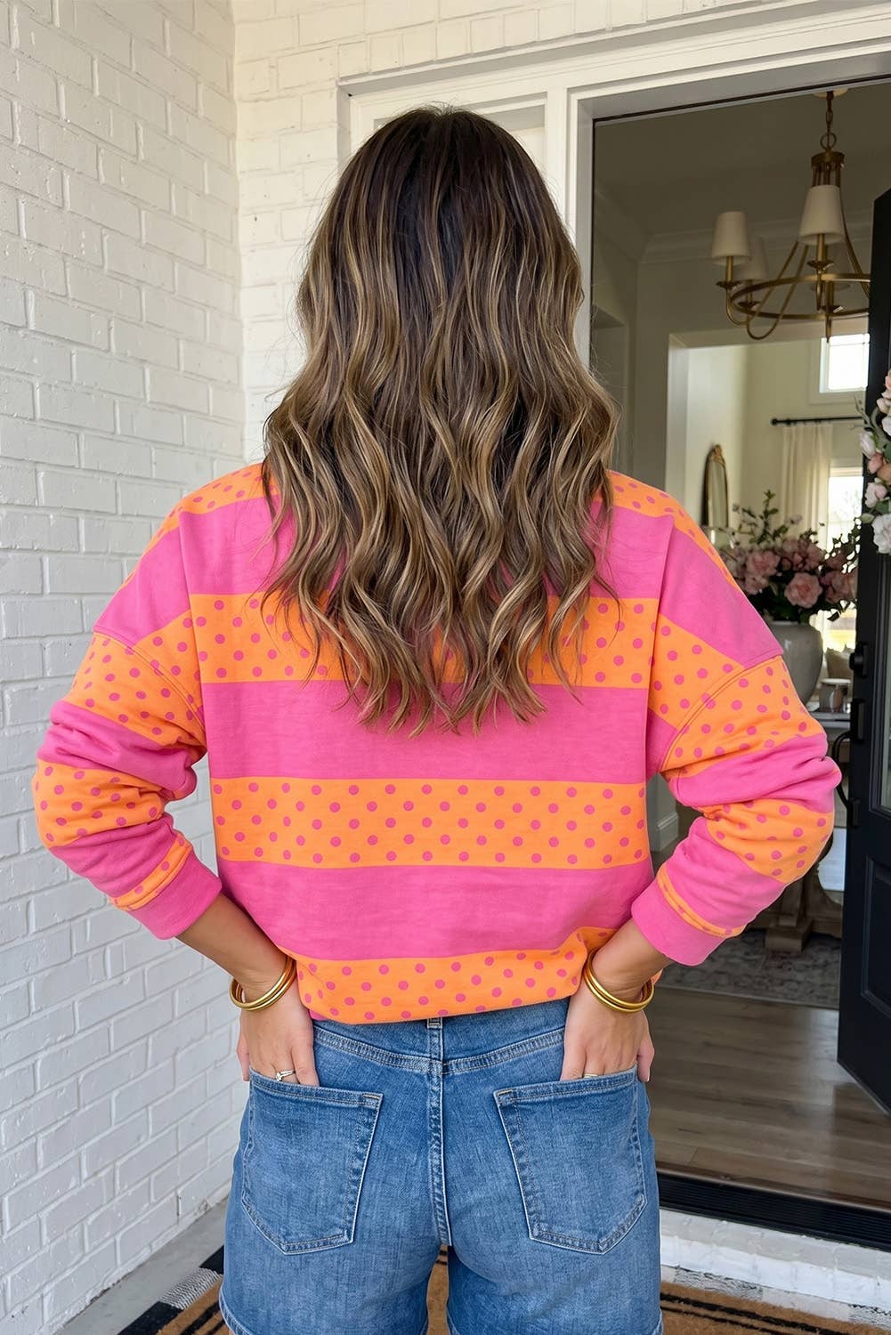 Polka Dot Stripe Pullover Top in Pink (REG)