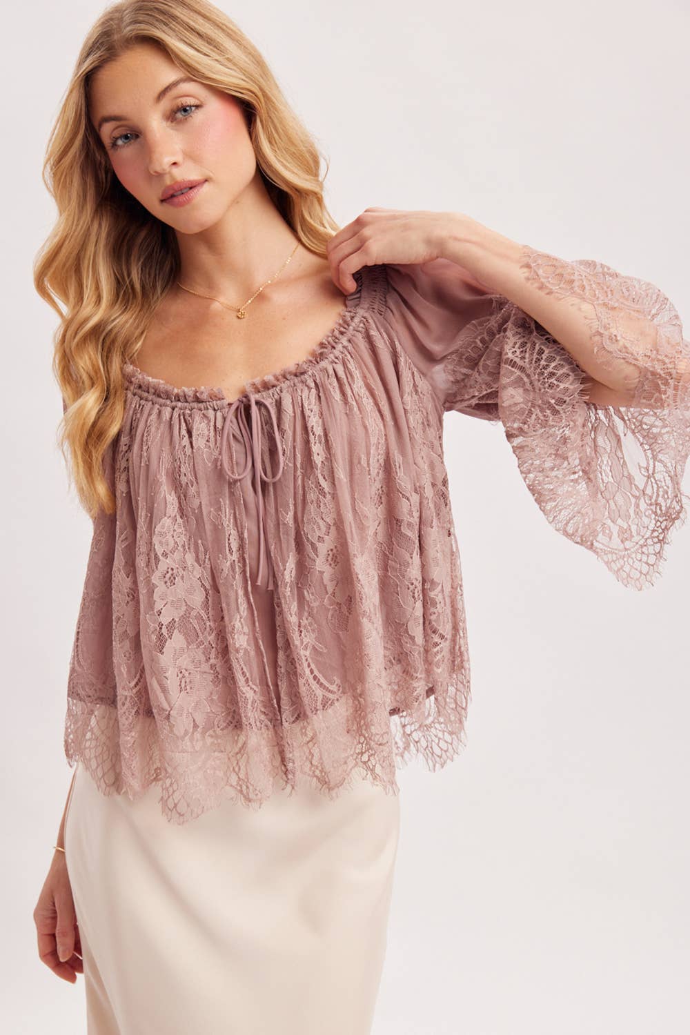 Eyelash Lace Blouse Top in Mauve (REG)