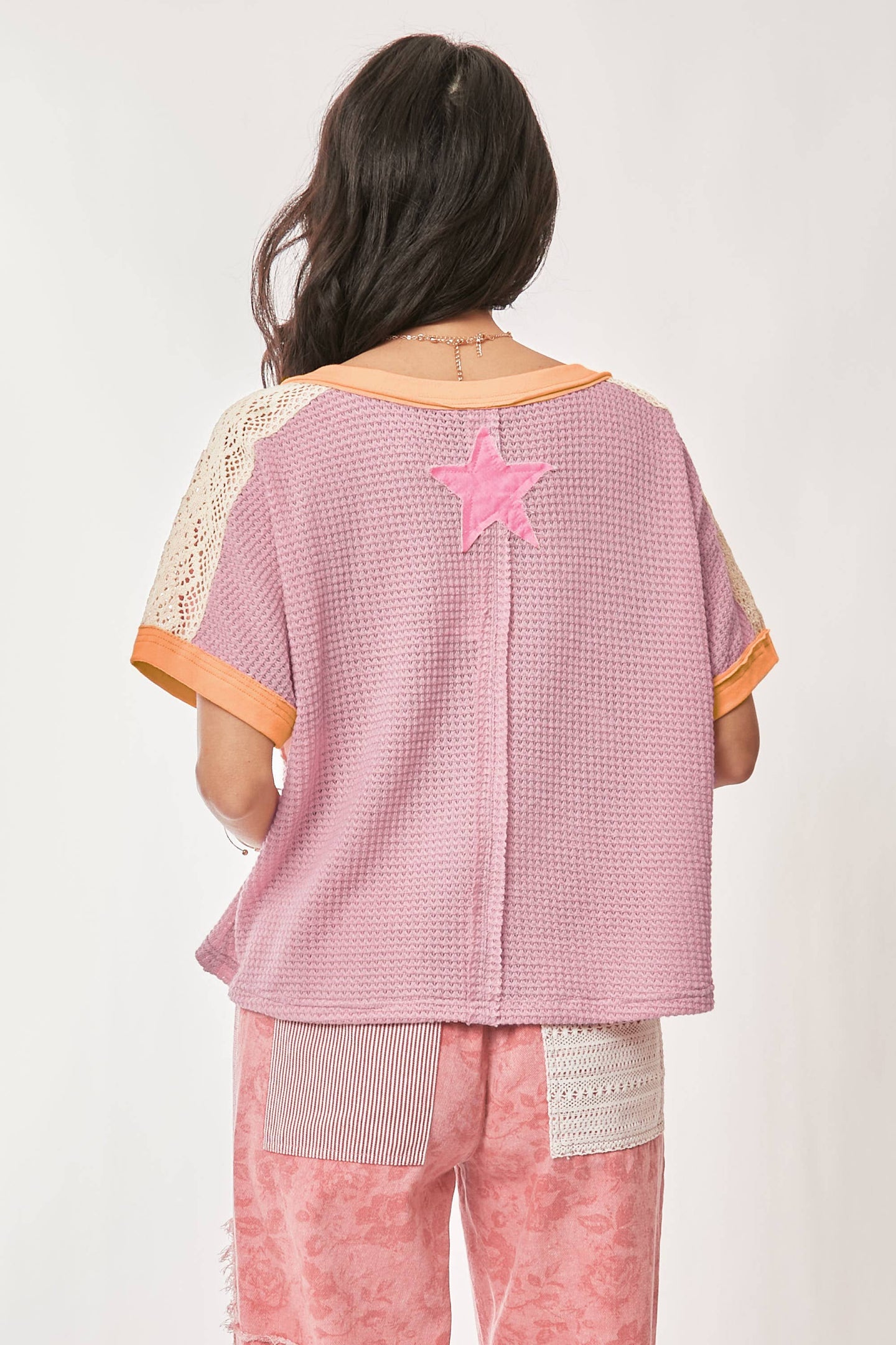 Patchwork Star V-Neck Top in Pink (REG)
