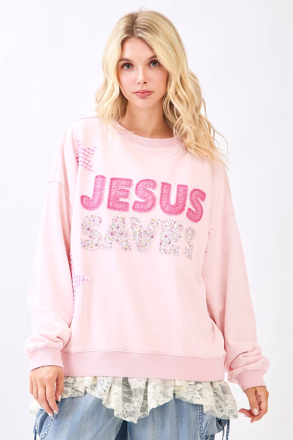Jesus Saves Patchwork Sweatshirt in Icy Pink (REG)