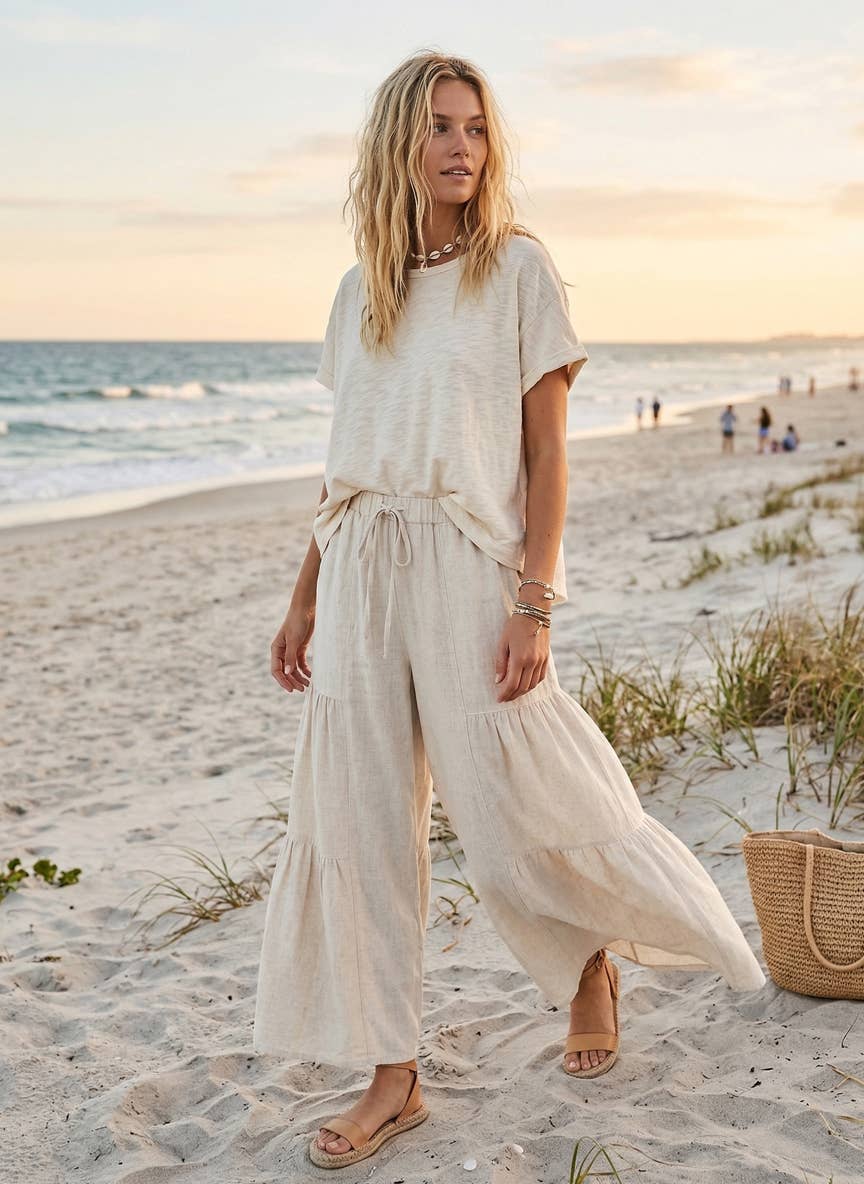 Tiered Linen Palazzo Pants in Natural (REG)
