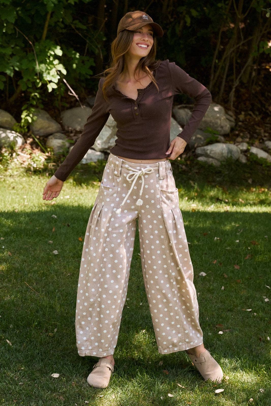 Taupe Polka Dot Barrel Leg Pants (REG)
