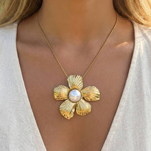 Stainless Steel Textured Flower Necklace w/ Pearl