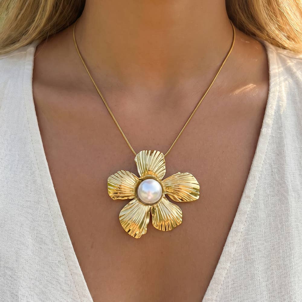 Stainless Steel Textured Flower Necklace w/ Pearl