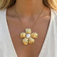 Stainless Steel Textured Flower Necklace w/ Pearl