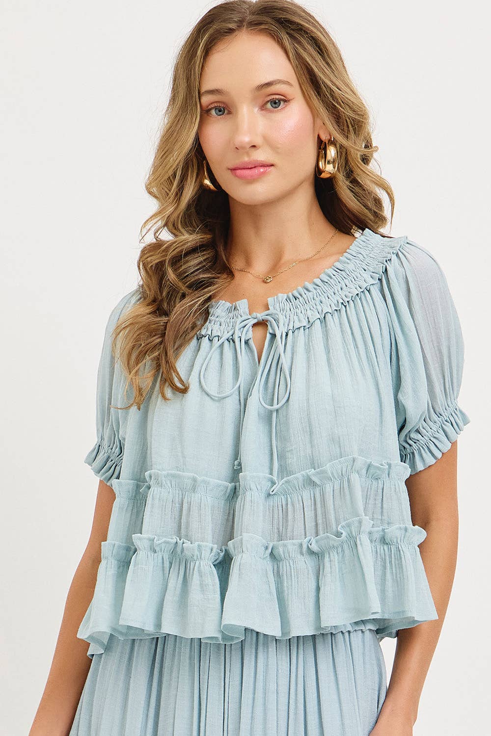 Tiered Ruffle Layer Top in Misty Blue (REG)