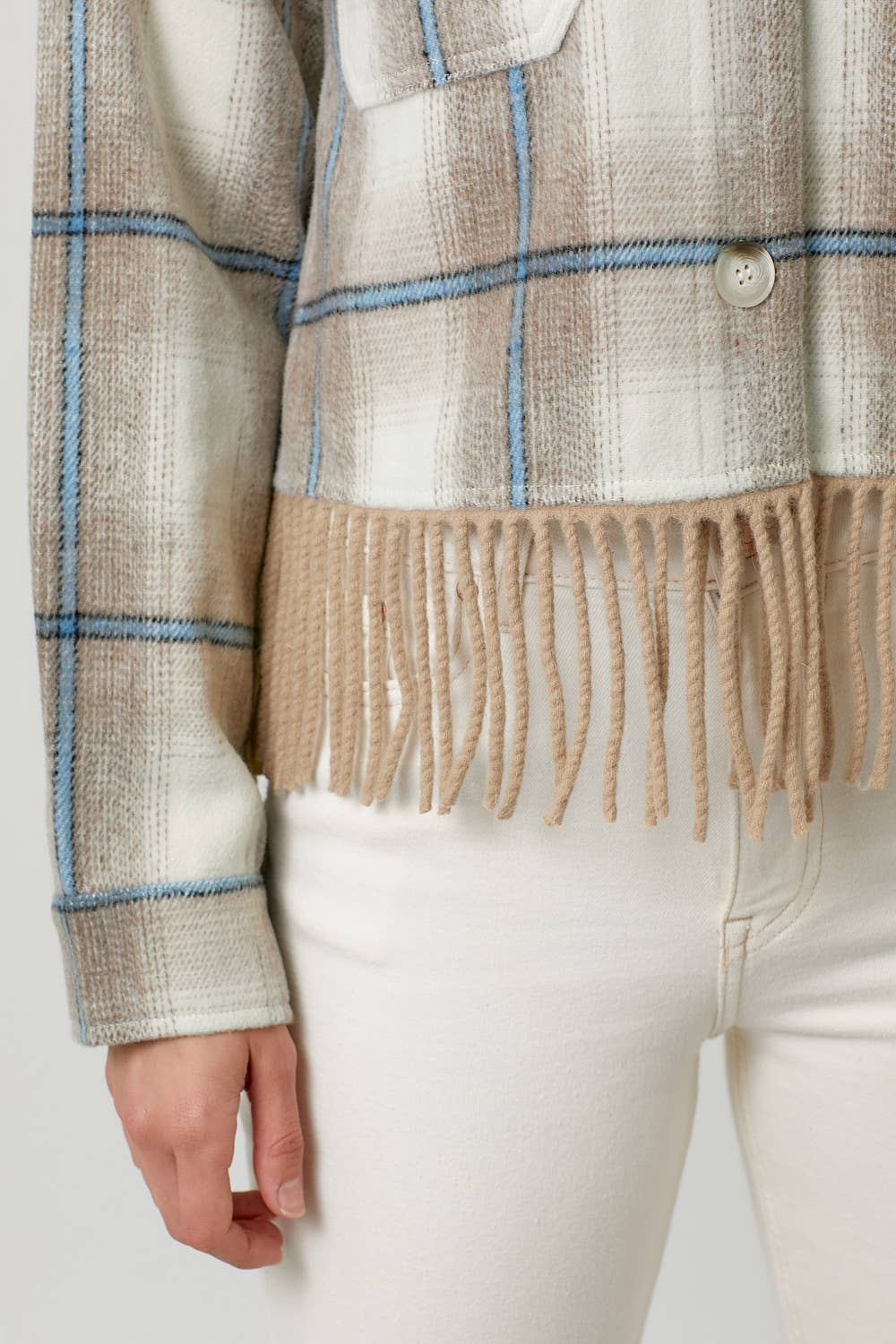 Fringe Plaid Jacket in Almond (REG)