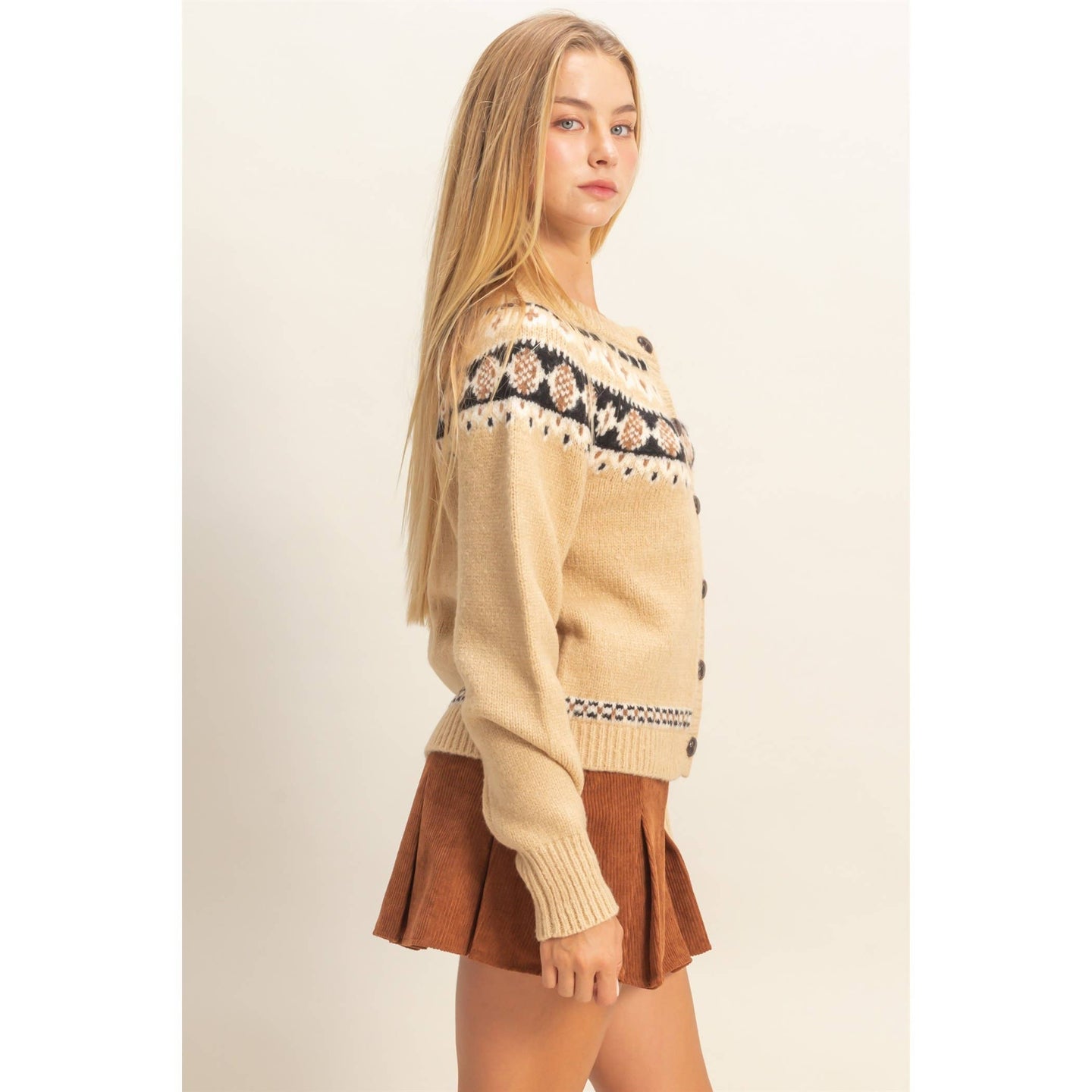 Fair Isle Sweater Cardigan in Beige (REG)