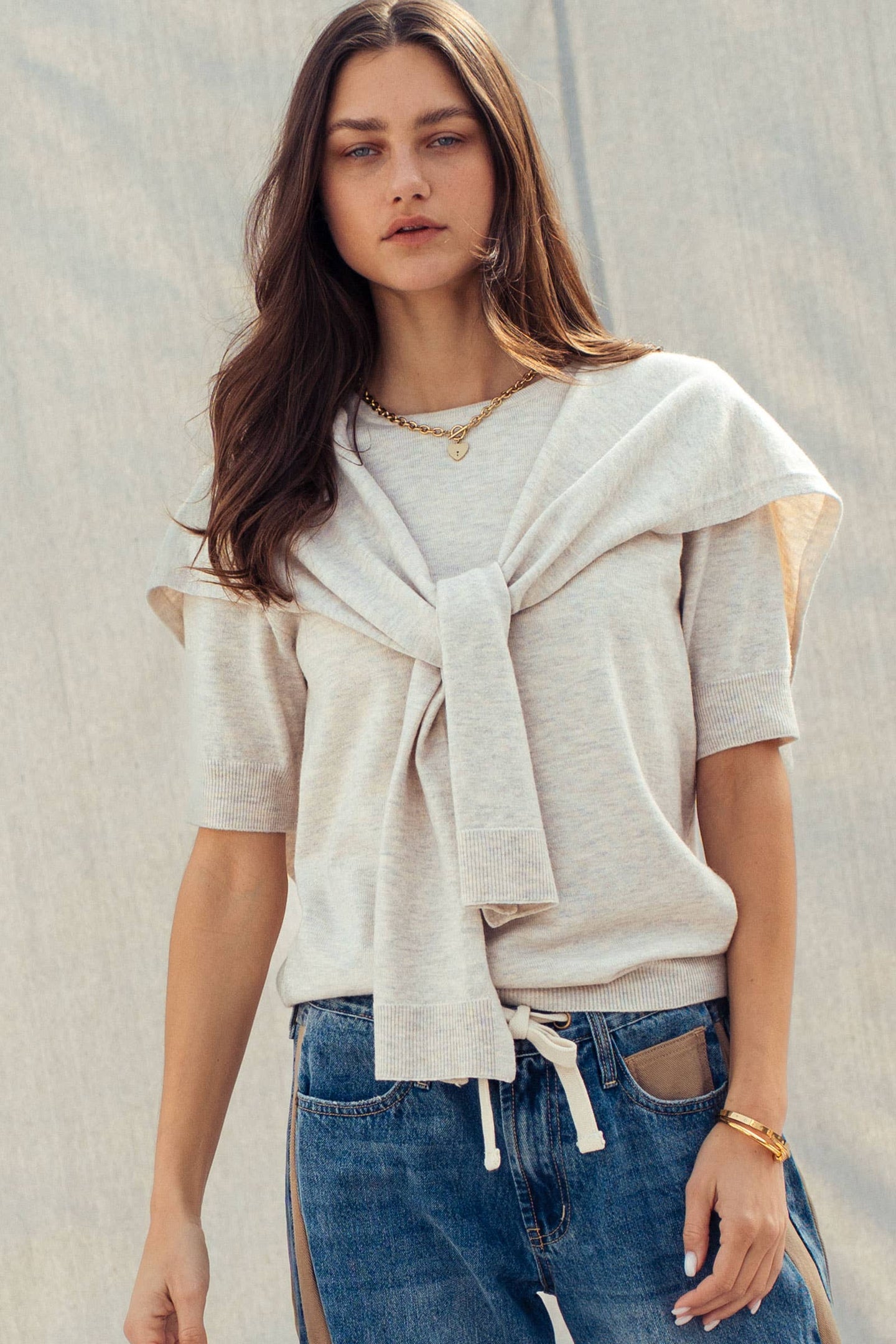 Faux Layered Tie-Front Top in White (REG)