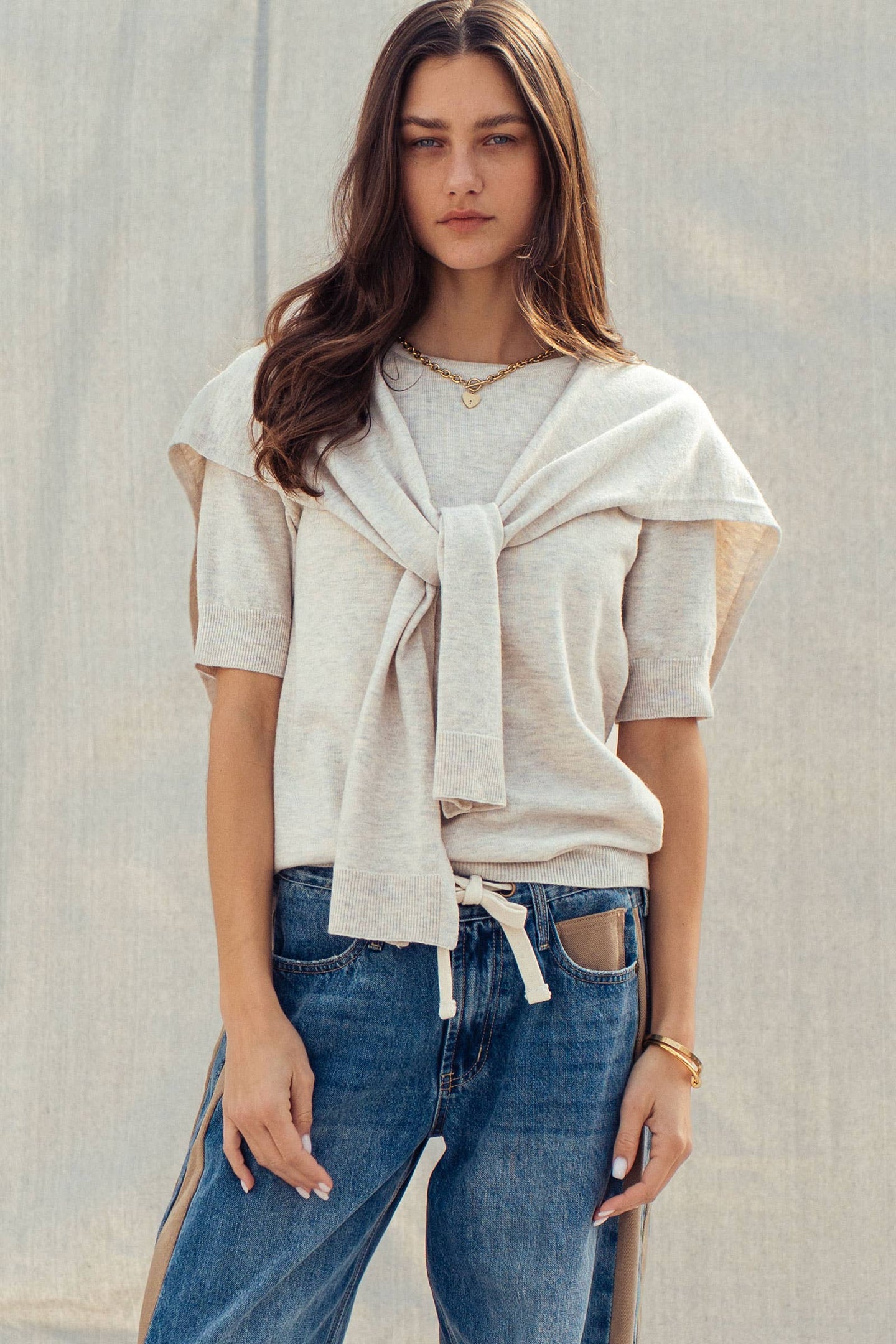 Faux Layered Tie-Front Top in White (REG)