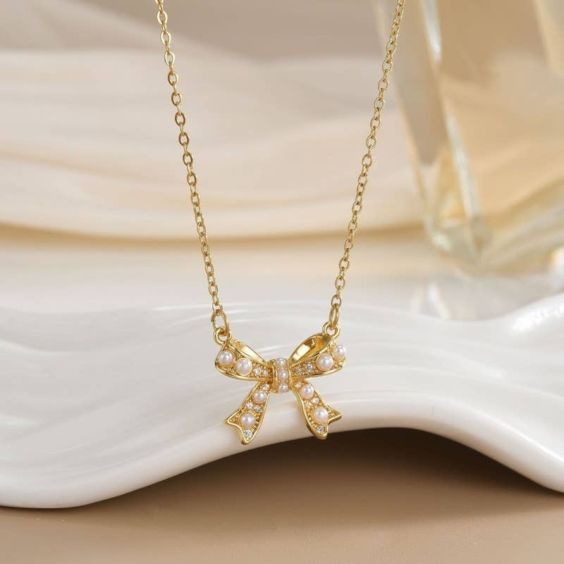 18K Stainless Steel Pearl Bow Necklace