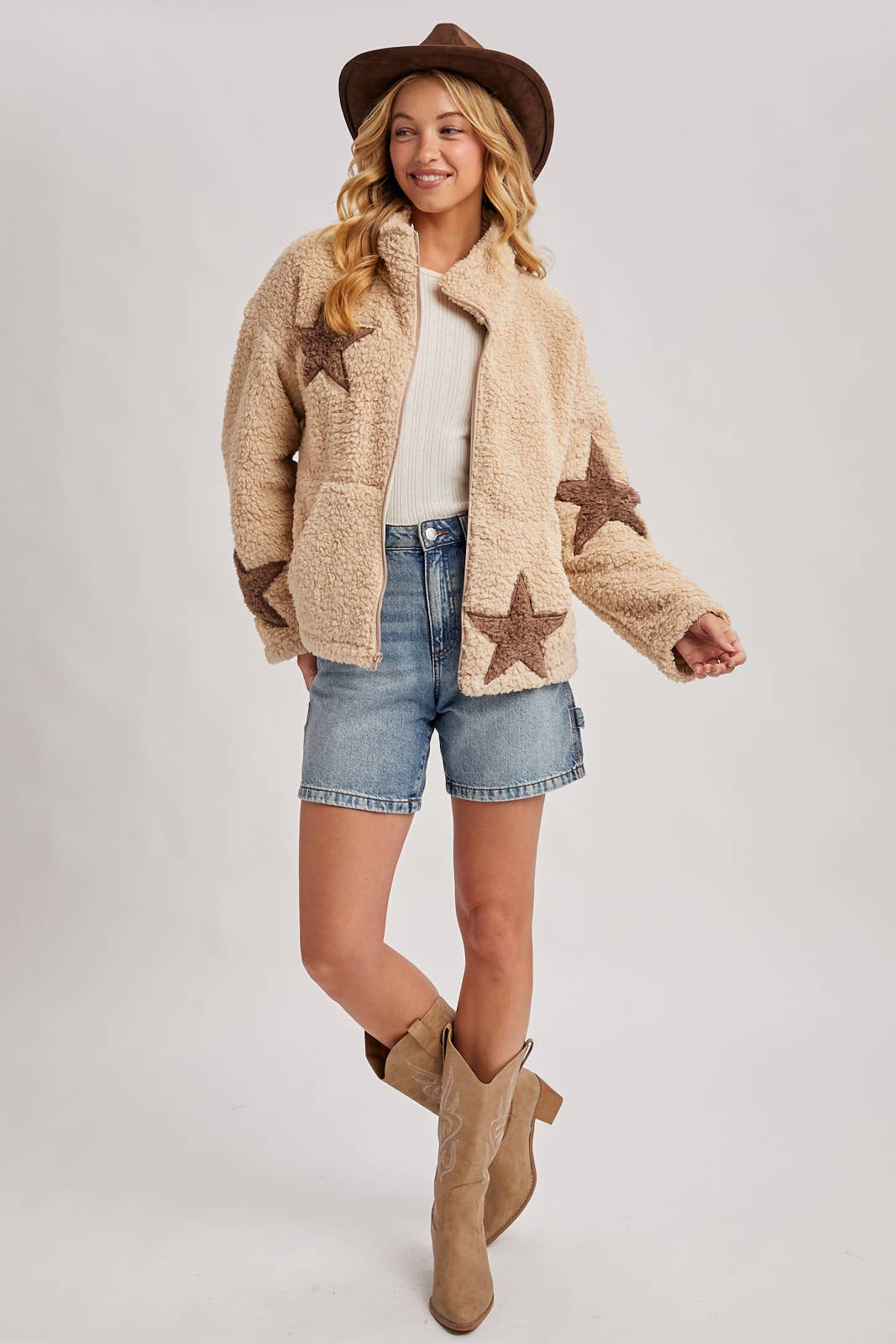 Star Shaped Teddy Sherpa Jacket in Beige (REG)
