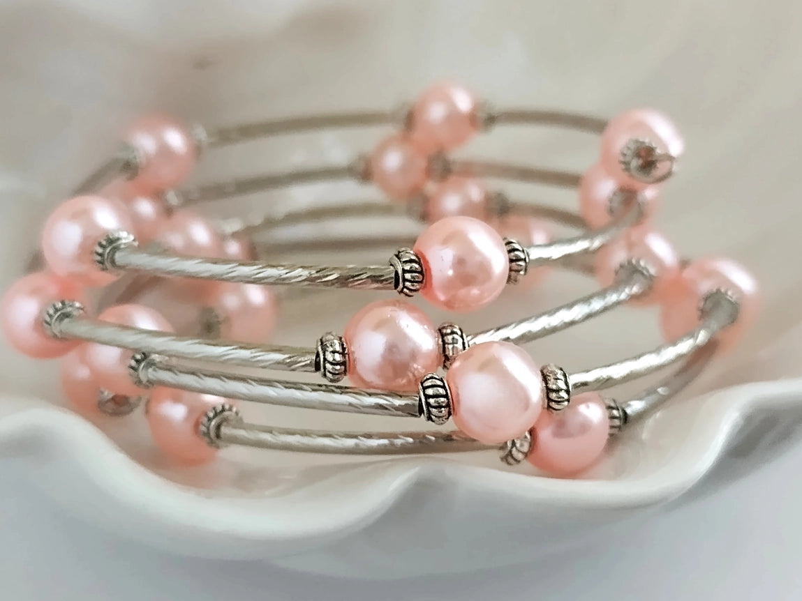 Pink Pearl Memory Wire Bracelet