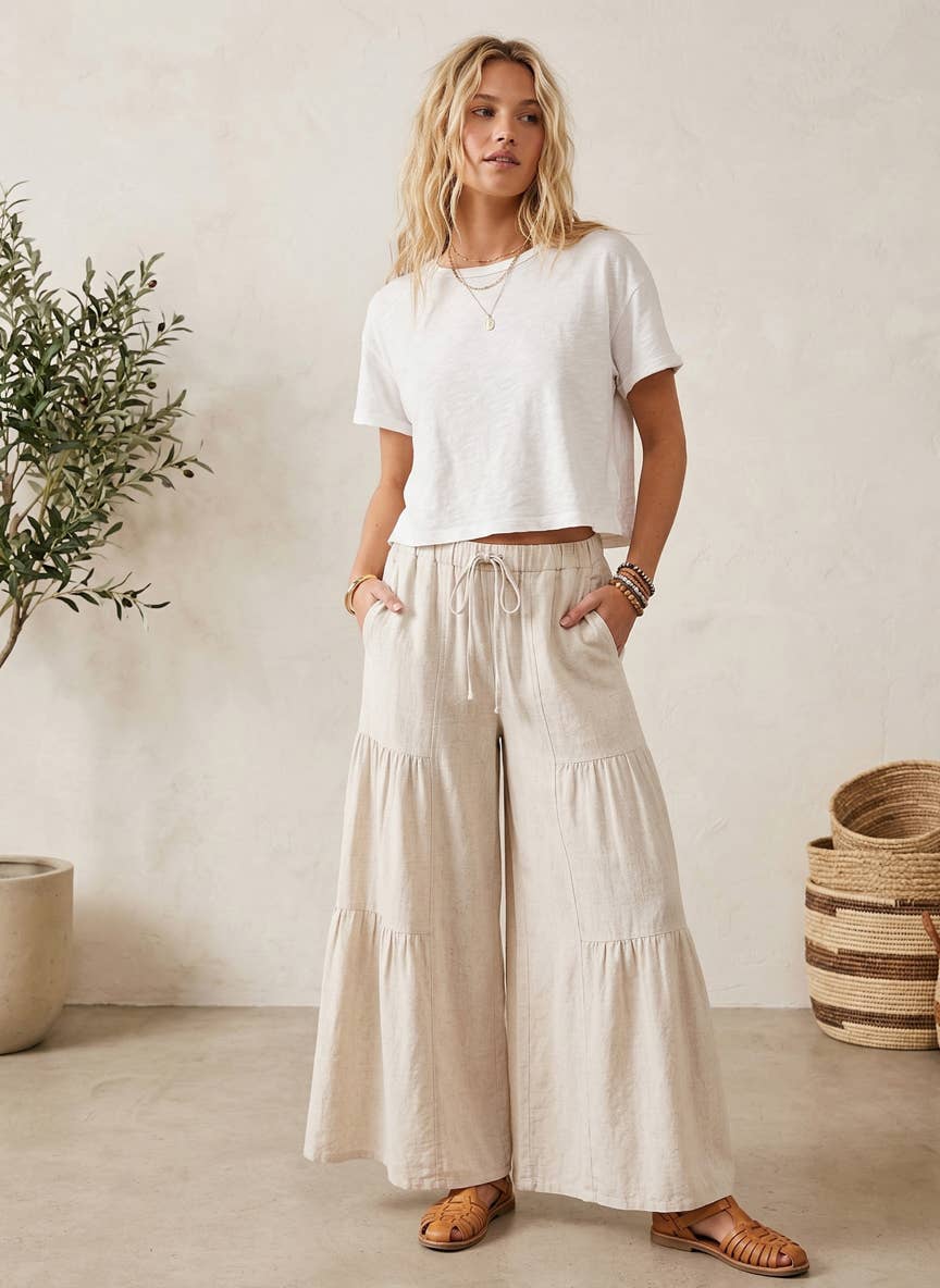 Tiered Linen Palazzo Pants in Natural (REG)