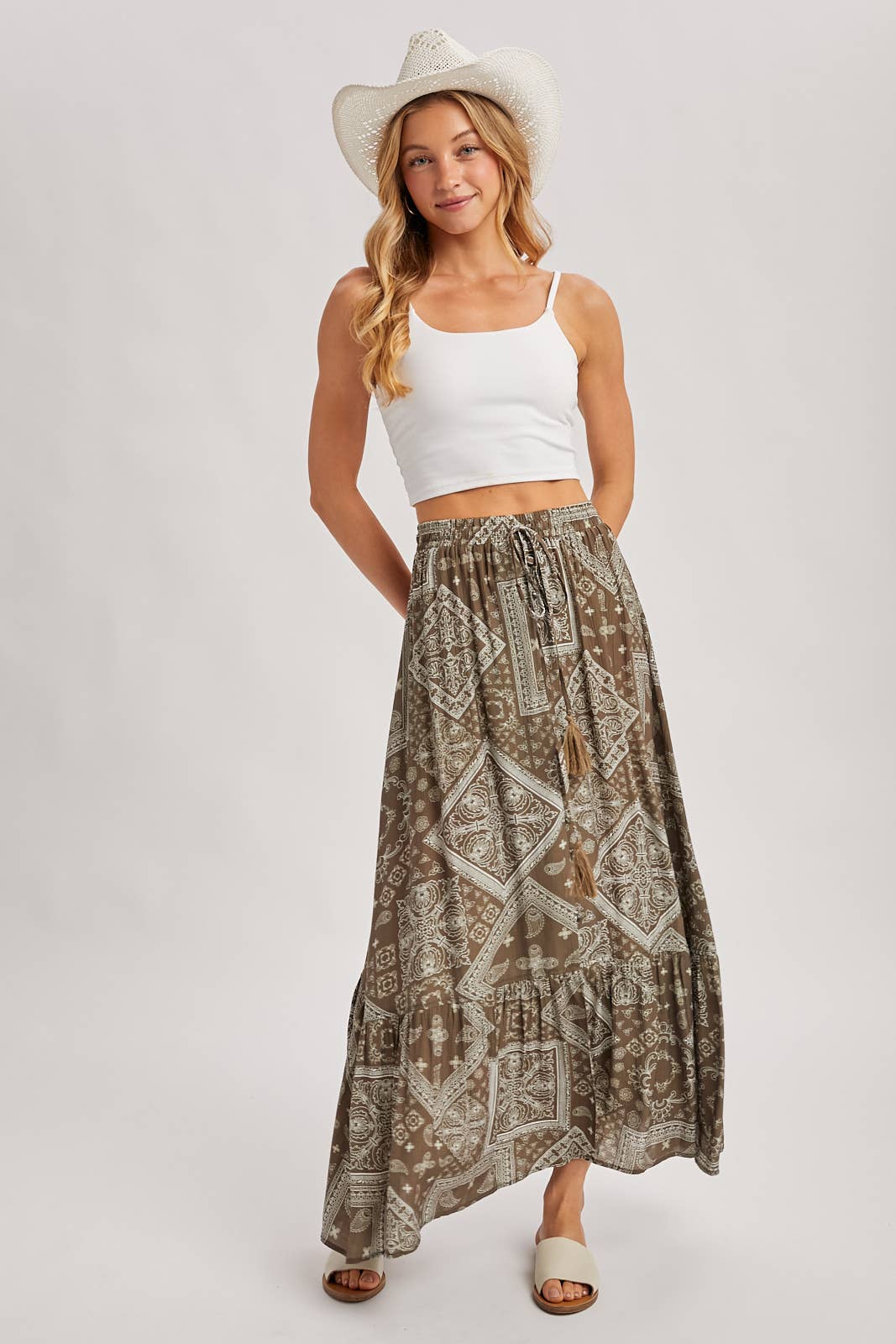 Boho Print Tiered Maxi Skirt in Mocha (REG)
