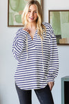 Puff Sleeve Striped Hoodie Top in Indigo (PLUS)