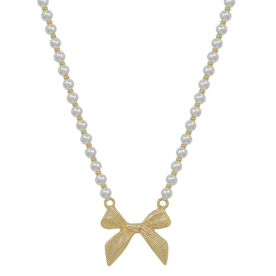 Gold Bow Pearl Necklace