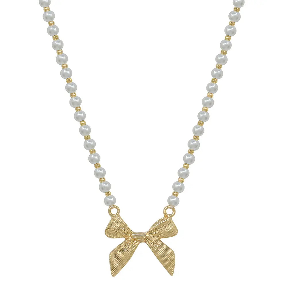 Gold Bow Pearl Necklace