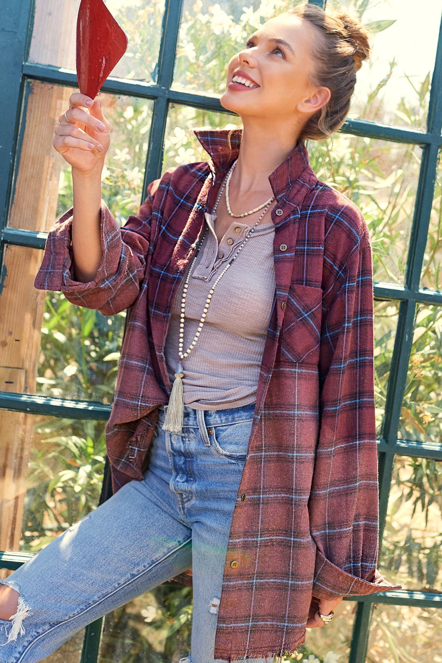 Washed Two-Tone Plaid Top in Chocolate (REG)