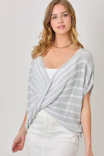 Surplice Striped Sweater Top in Grey (REG)