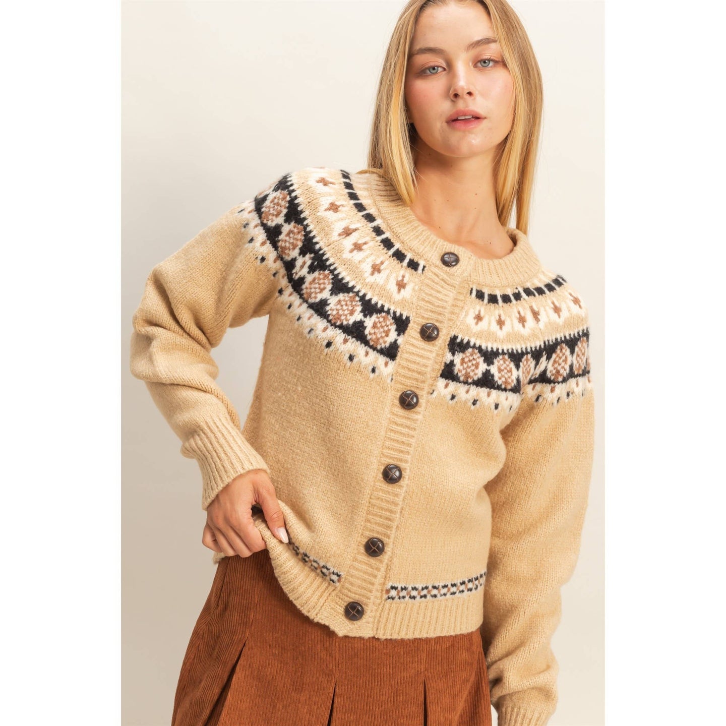 Fair Isle Sweater Cardigan in Beige (REG)
