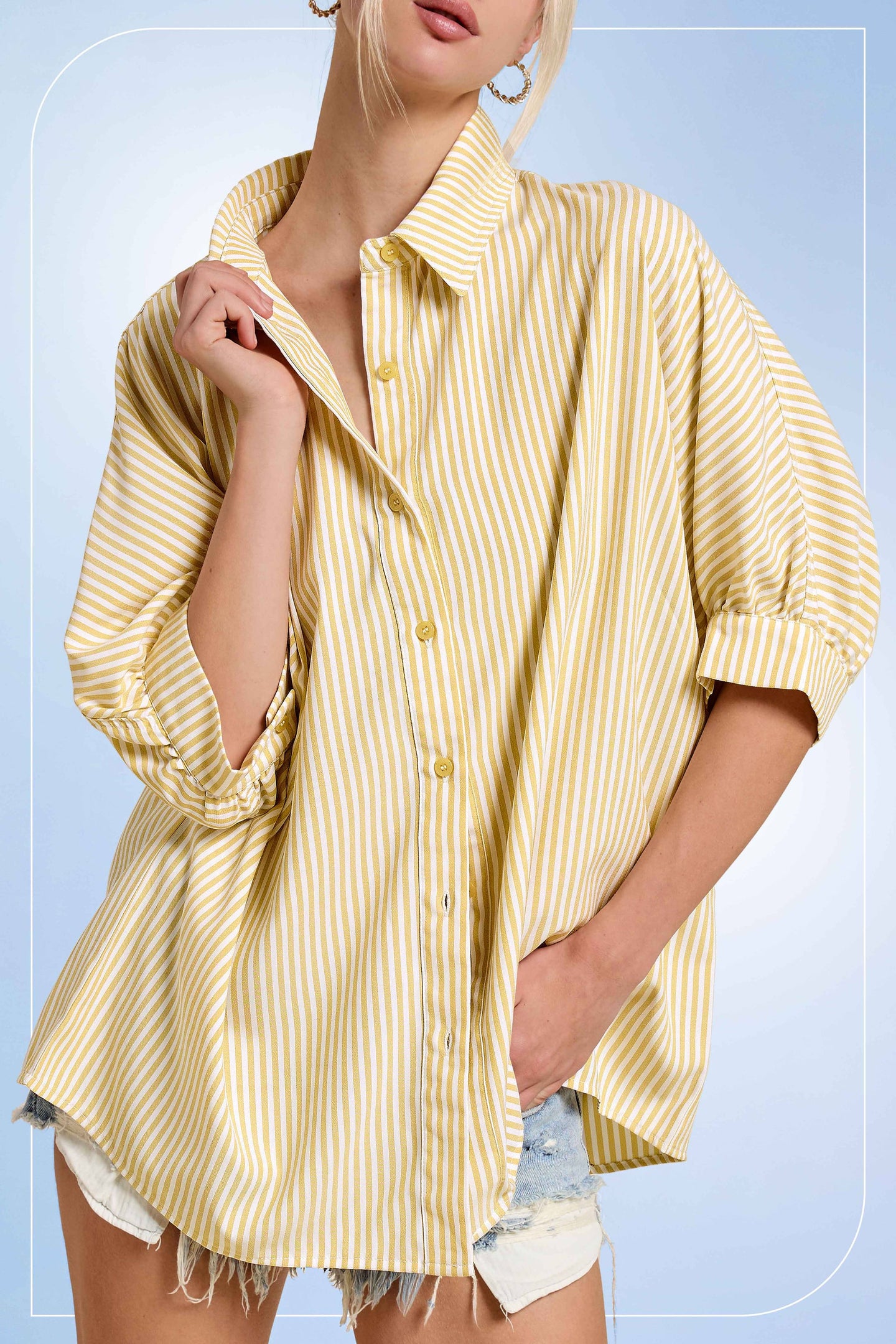 3/4 Sleeve Button Down Striped Shirt in Lemon (REG)