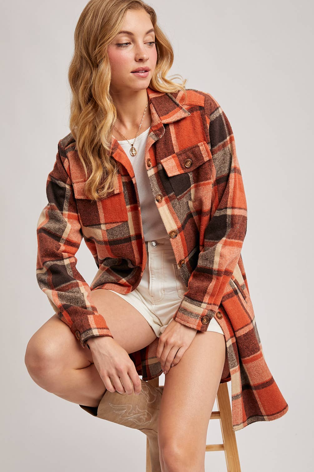 Flannel Plaid Longline Shacket in Rust (REG)