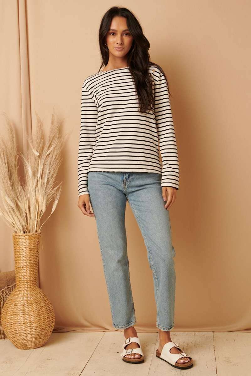 Distressed Striped Top in Ivory (REG)