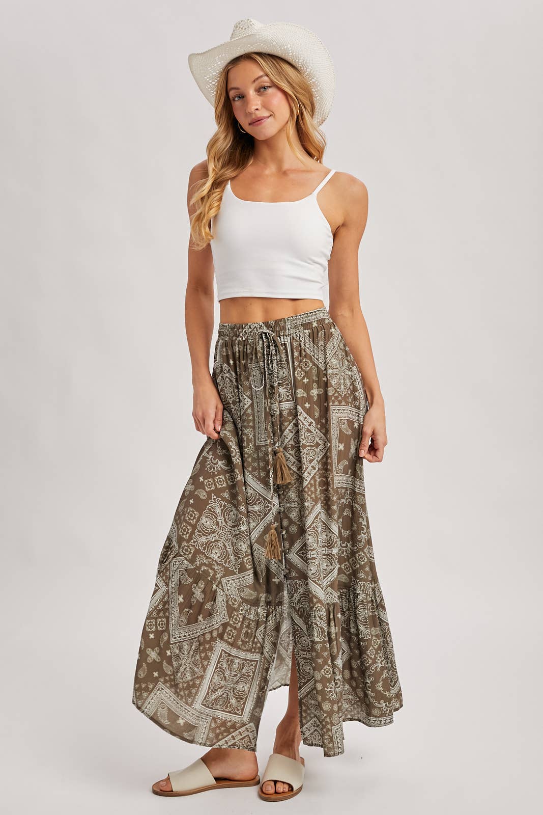 Boho Print Tiered Maxi Skirt in Mocha (REG)