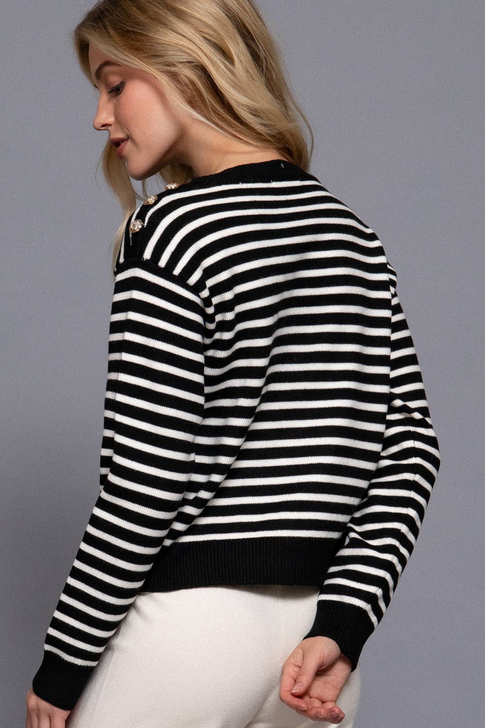 Button Shoulder Striped Top in Black (REG)