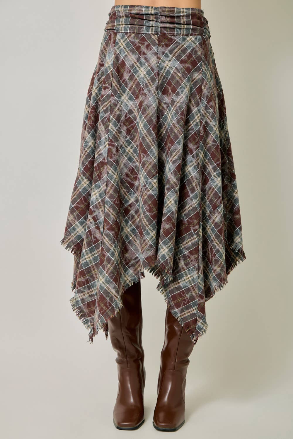 Asymmetrical Frayed Plaid Skirt in Wine/Teal (REG)