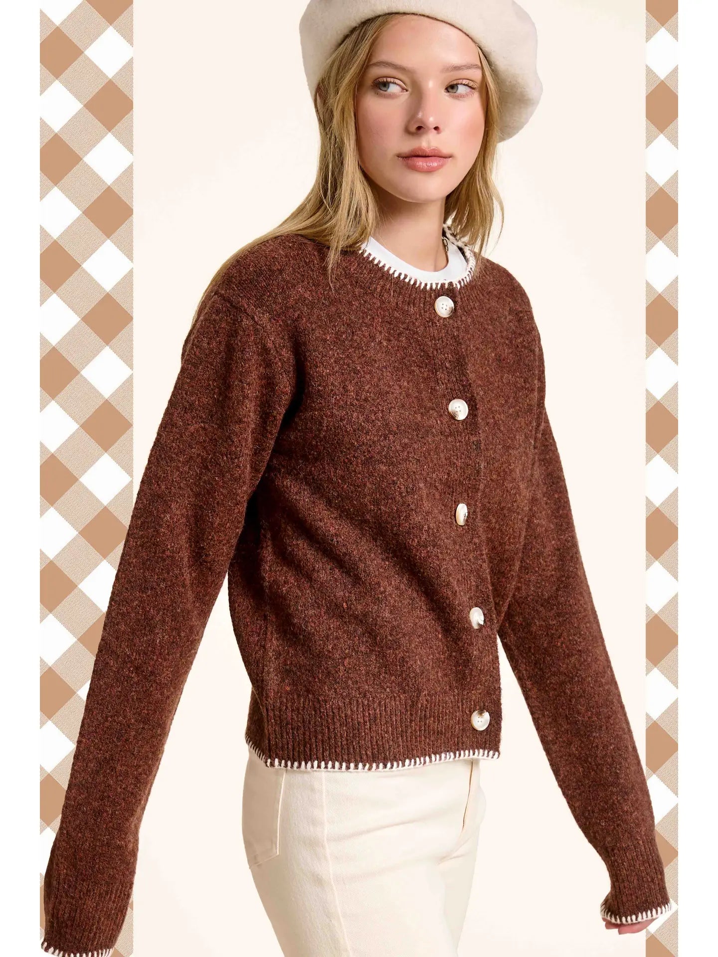 Marble Button Fuzzy Cardigan in Brick (REG)