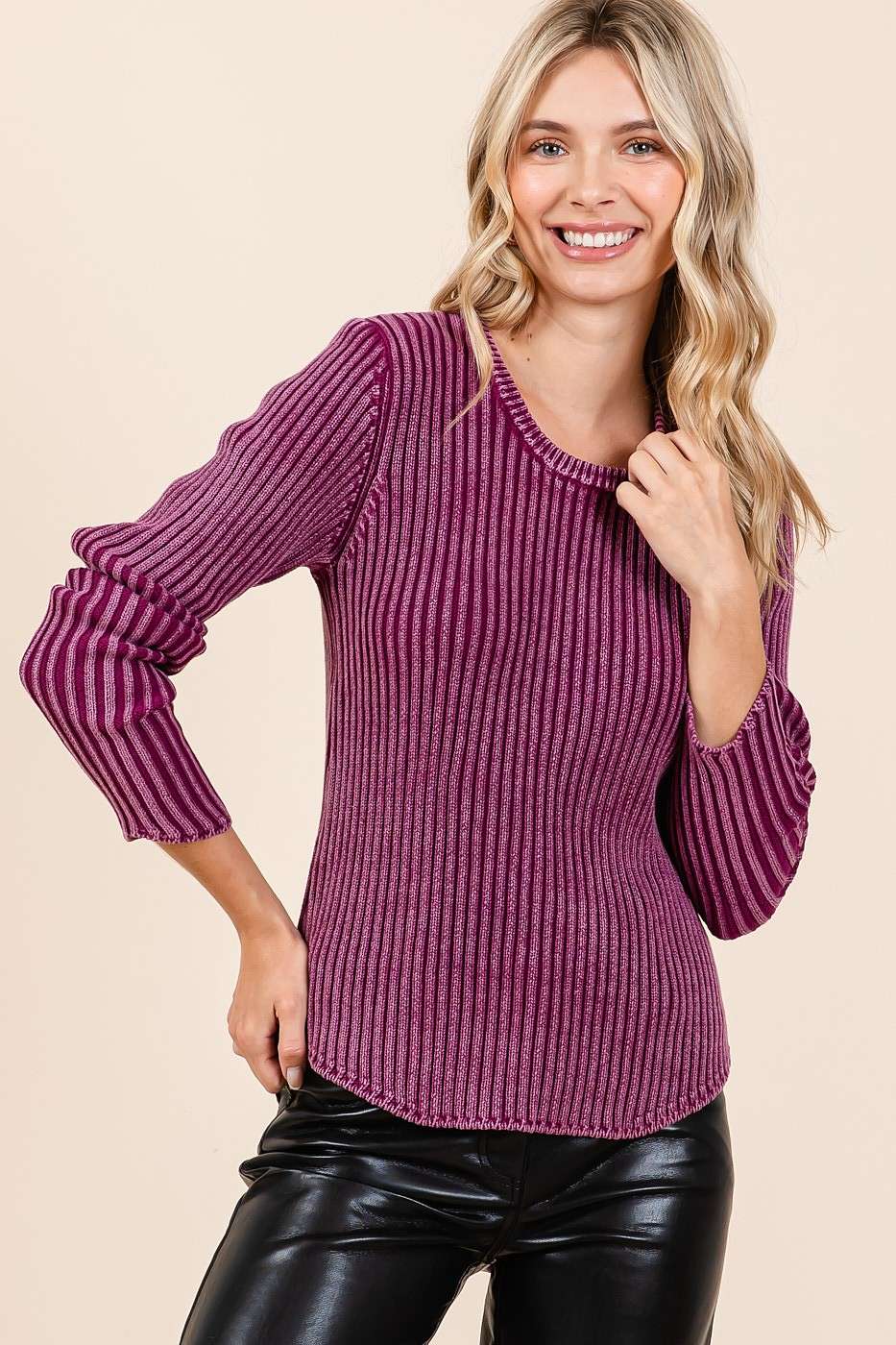 Mineral Wash Ribbed Sweater in Plum (REG)