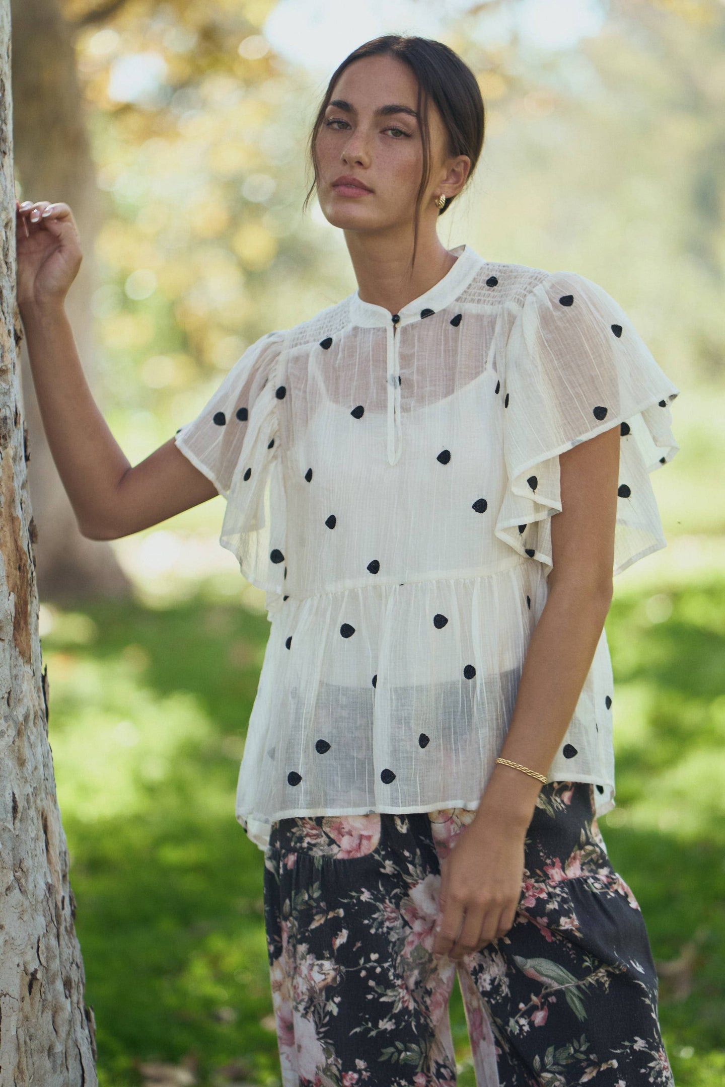 Sheer Polka Dot Babydoll Top in Cream (REG)
