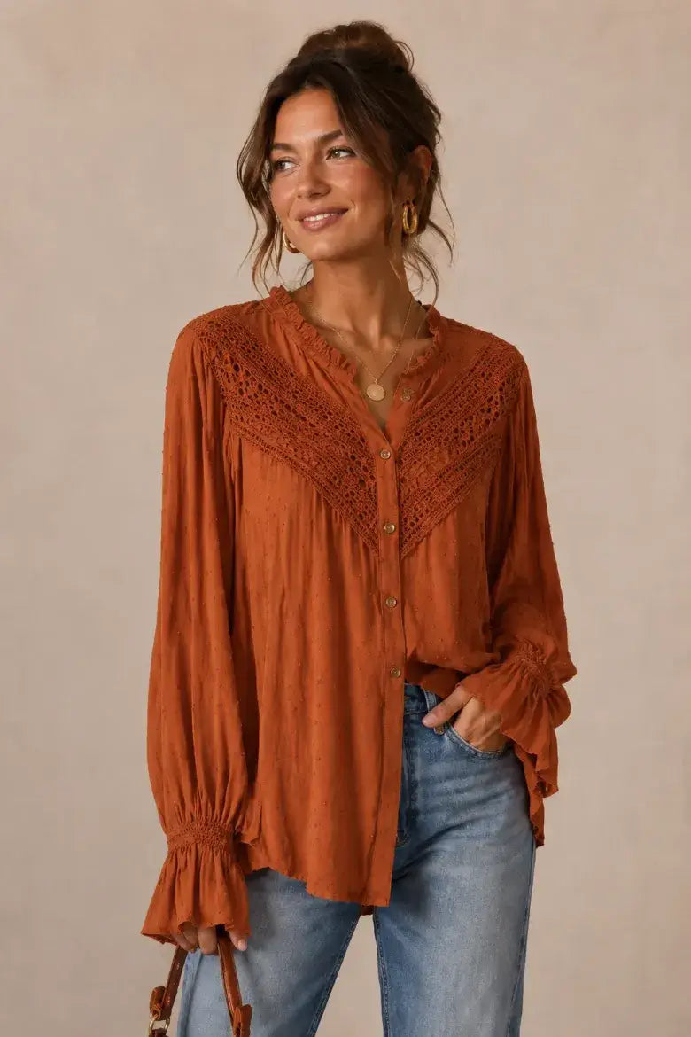 Rust Swiss Dot Peasant Top (REG)