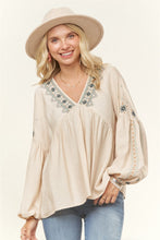 Boho Embroidered Peasant Top in Oatmeal (REG)