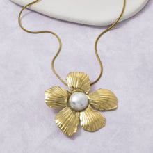 Stainless Steel Textured Flower Necklace w/ Pearl