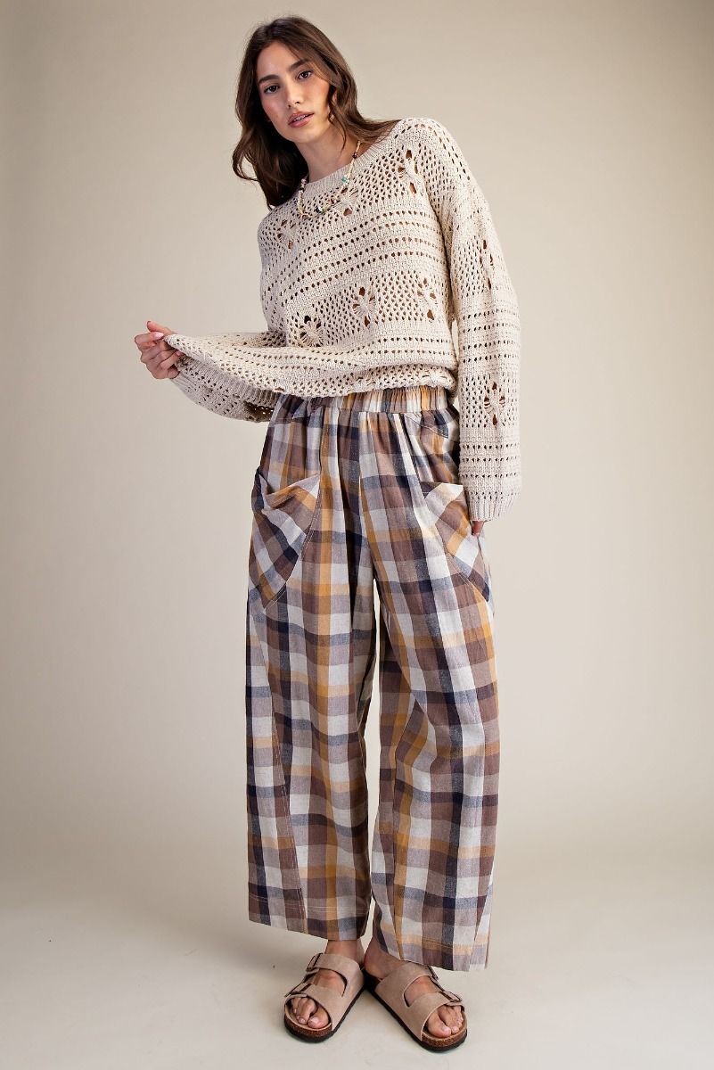 Plaid Linen Pants in Camel Brown (REG)