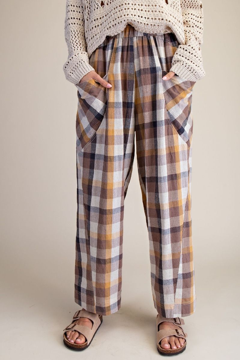 Plaid Linen Pants in Camel Brown (REG)