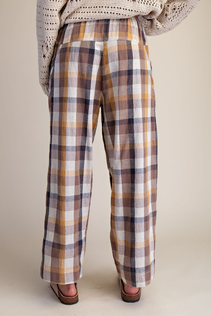 Plaid Linen Pants in Camel Brown (REG)