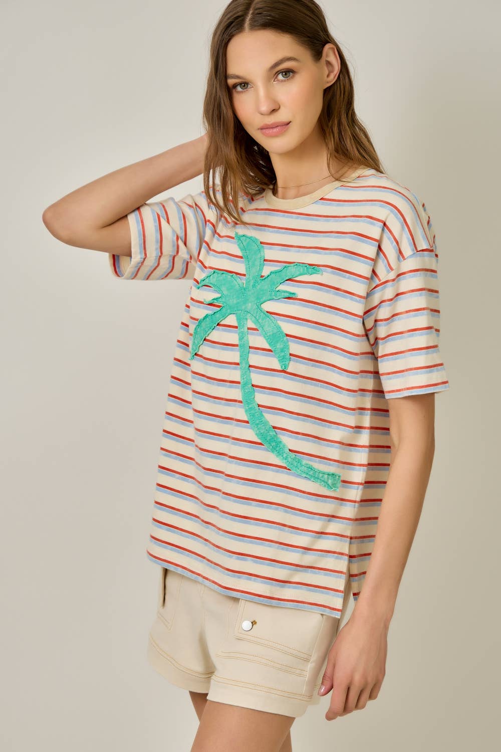 Palm Patch Striped Top in Ivory/Emerald (REG)