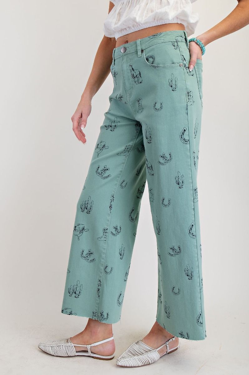 Western Printed Pants in Sage (REG)