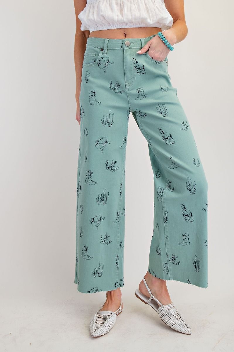 Western Printed Pants in Sage (REG)